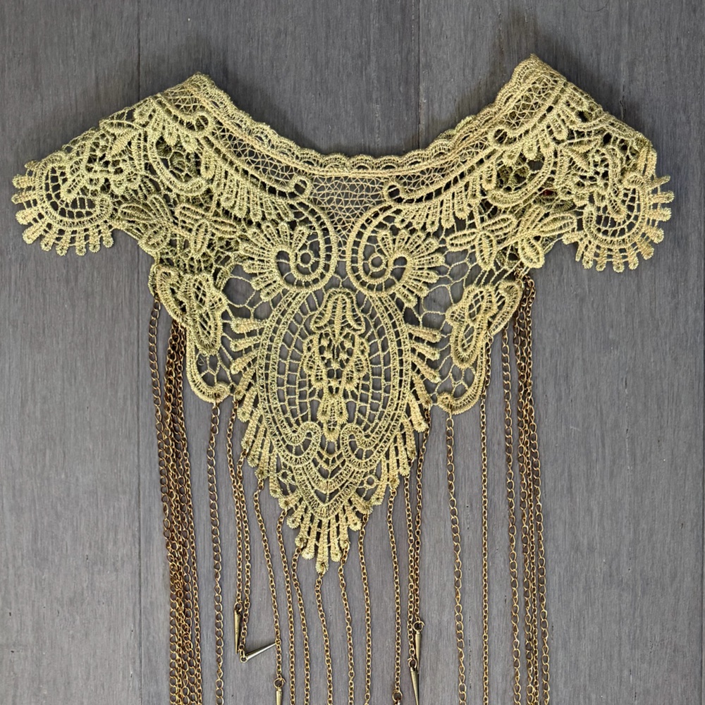 Gold Lace Statement Necklace with Fringe Chains - Picture 5 of 5